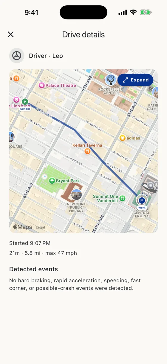 A completed drive in Aventra with its route and speed details
