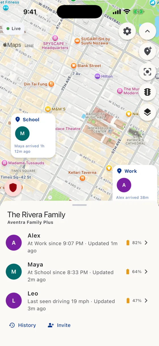 The live Aventra family map showing every family member together