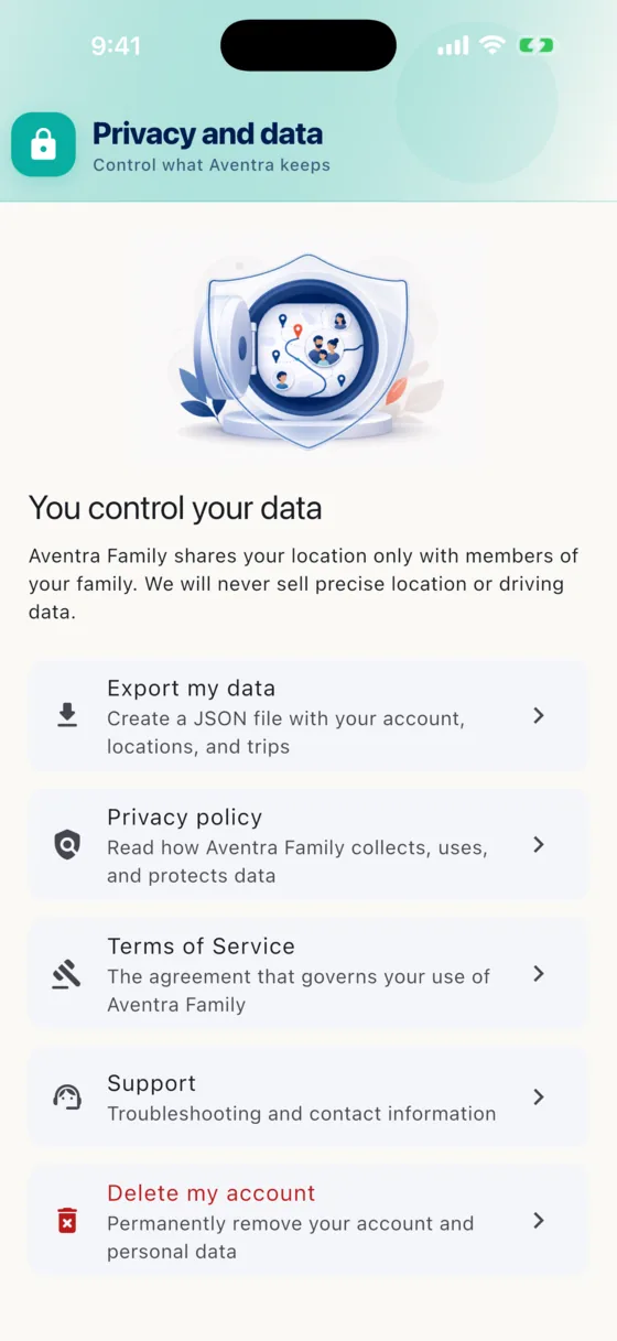 Aventra Family privacy screen - private by default: your family sees your location, nobody else does