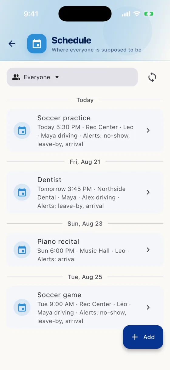 The Aventra Family Schedule: the family's week with who's going, who's driving, and the alerts each entry carries