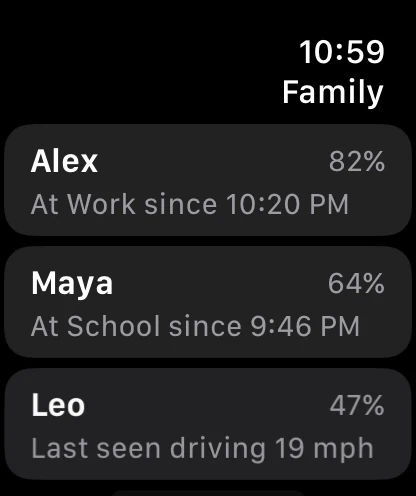 The Aventra Family Apple Watch app showing family status and battery