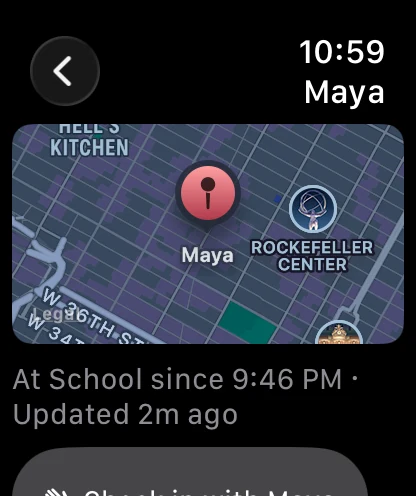 The Aventra Family Apple Watch app showing a family member on the watch map