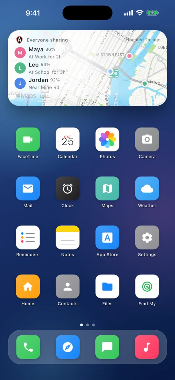 The Aventra Family Home Screen widget showing family status at a glance